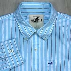 VTG Y2K 2003 Hollister Mens XL Blue White Stripe Button Down Shirt Long Sleeve